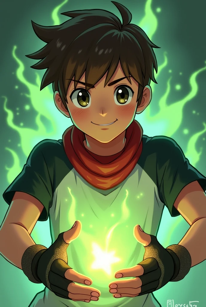 young brown smiling with straight brown hair black eyes wearing a white t-shirt with black sleeves and a red bandana around his neck with black and brown gloves on his hands with a green aura coming out of his fists