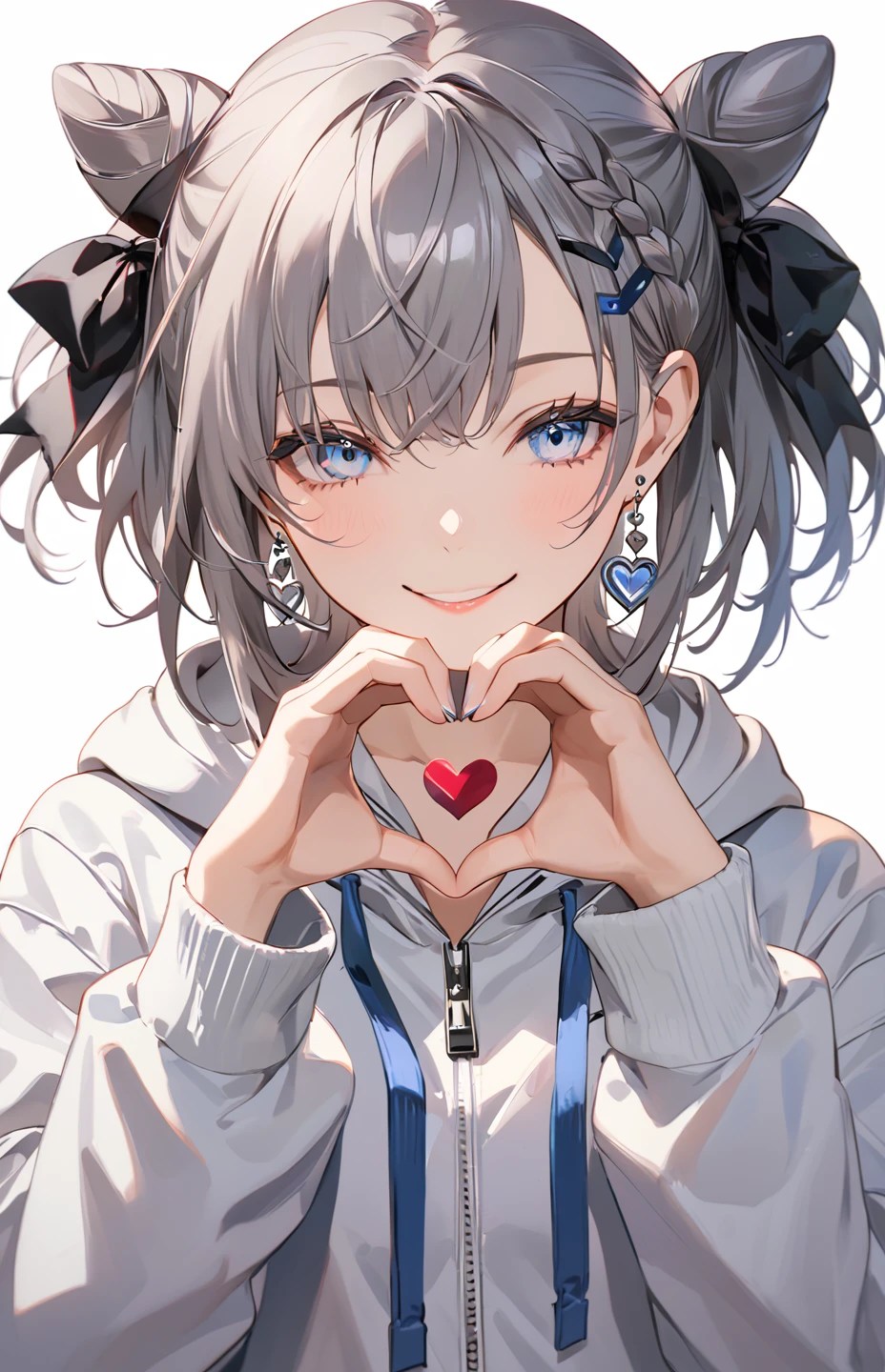  (anime art),(masterpiece),(highest quality:1.2),((Perfect Anatomy)),(Perfect Fingers:1.3),(1 girl),(solo),(white hoodie:1.3) (white jacket:1.4) beautiful and detailed blue eyes,girl with a pretty face,  vestiadef, gray hair, cone hair bun, braid, hair ribbon, long sleeves, earrings, heart hands, smirk, one eye closed, wide shot