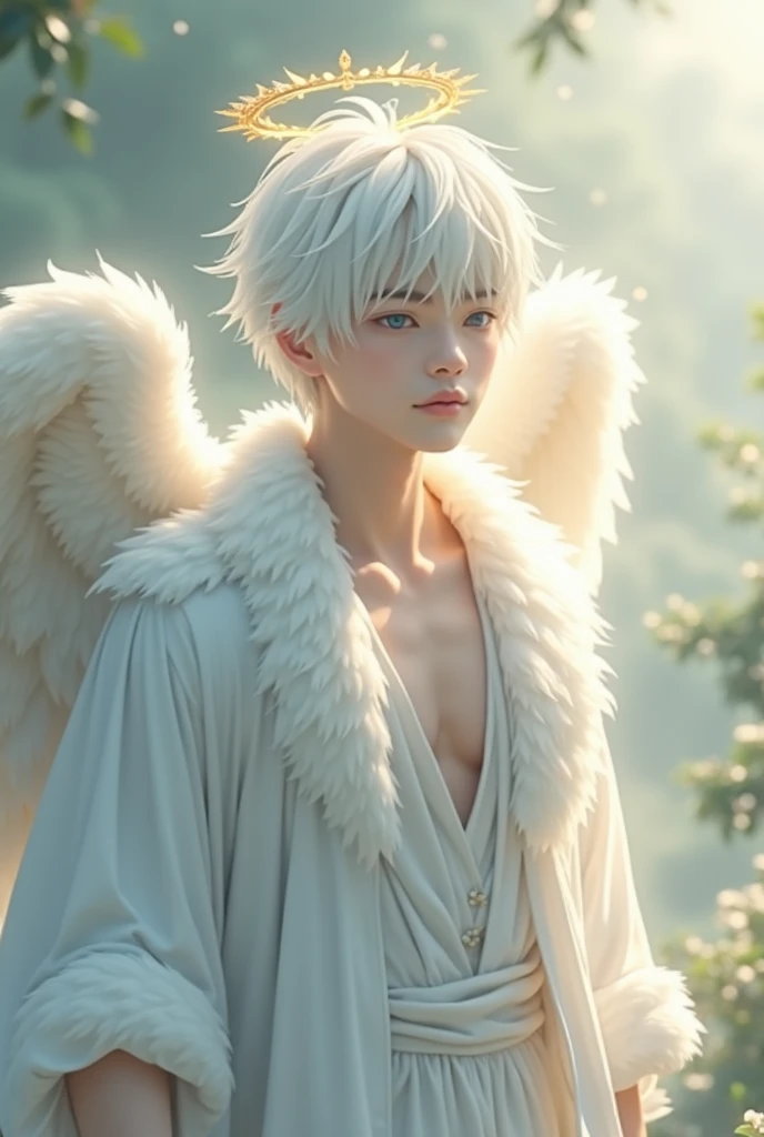 Japanese boy Angel god々Shii Handsome 優Shii It's like I'm talking to you front, A gentle, white and gold-winged male pale white skinned, white hair, blue eyes, Asian features, Athletic body, mid 30s angel (simple design) - Soft colors, with a subtle glow - Ethereal background, with a subtle texture I want it as a man, walking through the garden of Eden, 32K UHD, best quality, masterpiece, Style Raw, hyperrealistic.
