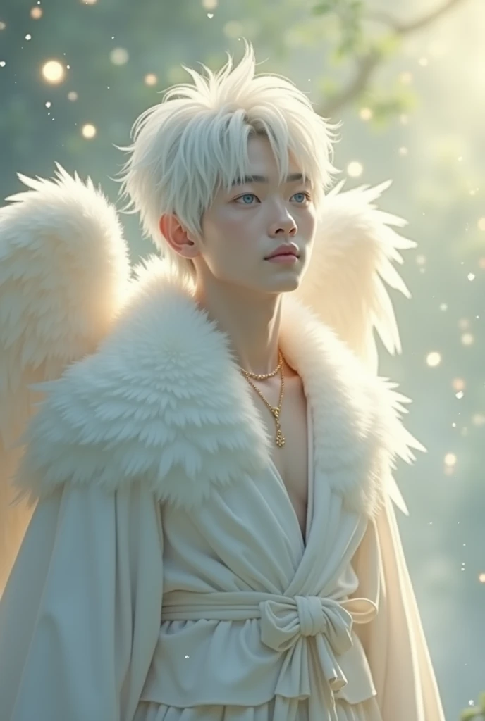 Japanese　boy　Angel　god々Shii　Handsome　優Shii　It&#39;s like I&#39;m talking to you　front, A gentle, white and gold-winged male pale white skinned, white hair, blue eyes, Asian features, Athletic body, mid 30s angel (simple design) - Soft colors, with a subtle glow - Ethereal background, with a subtle texture I want it as a man, walking through the garden of Eden, 32K UHD, best quality, masterpiece, Style Raw, hyperrealistic.