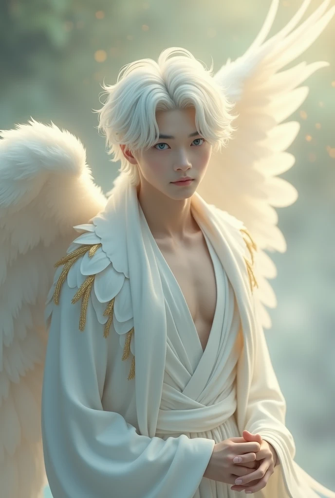 Japanese boy Angel god々Shii Handsome 優Shii It's like I'm talking to you front, A gentle, white and gold-winged male pale white skinned, white hair, blue eyes, Asian features, Athletic body, mid 30s angel (simple design) - Soft colors, with a subtle glow - Ethereal background, with a subtle texture I want it as a man, walking through the garden of Eden, 32K UHD, best quality, masterpiece, Style Raw, hyperrealistic.