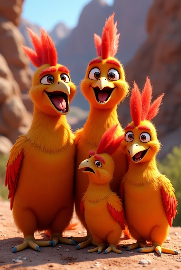 family of peruvian cocks of the rock animated orange: For the vibrant color of its plumage.
corona: Referring to the crest of feathers on his head.
rock: Related to its natural habitat.
fire: Because of the reddish tones of its plumage.
sun: Symbolizing its beauty and energy.