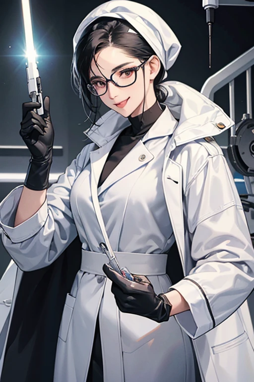 A mature woman in a white coat with glasses and black hair tied up is wearing long rubber gloves in an operating room, holding a laser scalpel in her hand and smiling seductively with her tongue out.