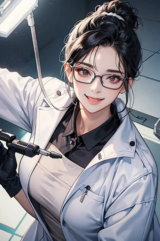 A mature woman in a white coat with glasses and black hair tied up is wearing long rubber gloves in an operating room, holding a laser scalpel in her hand and smiling seductively with her tongue out.　