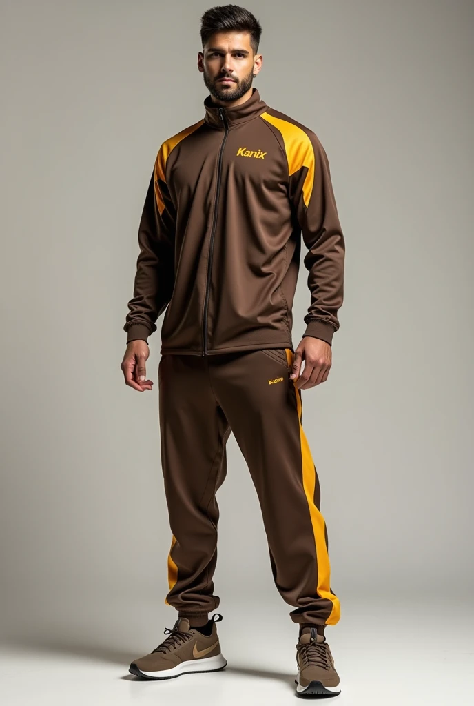 Brown and yellow basketball warm-up clothing, modern style for men, name brand "KANIX" no other name or brand, long pants.