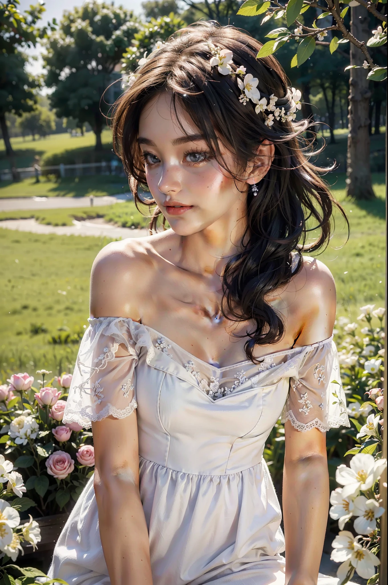 Best quality, masterpiece, ultra high res, (photorealistic:1.4), raw photo, 1girl, white dress, off shoulder, blossom flower field, glowing skin, light smile