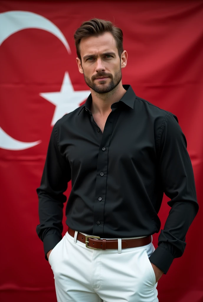 A turkey flag full background on wall horizontal and a handsome guy is standing after that background wearing black dress shirt with top three buttons open and white dress pents with normal body 