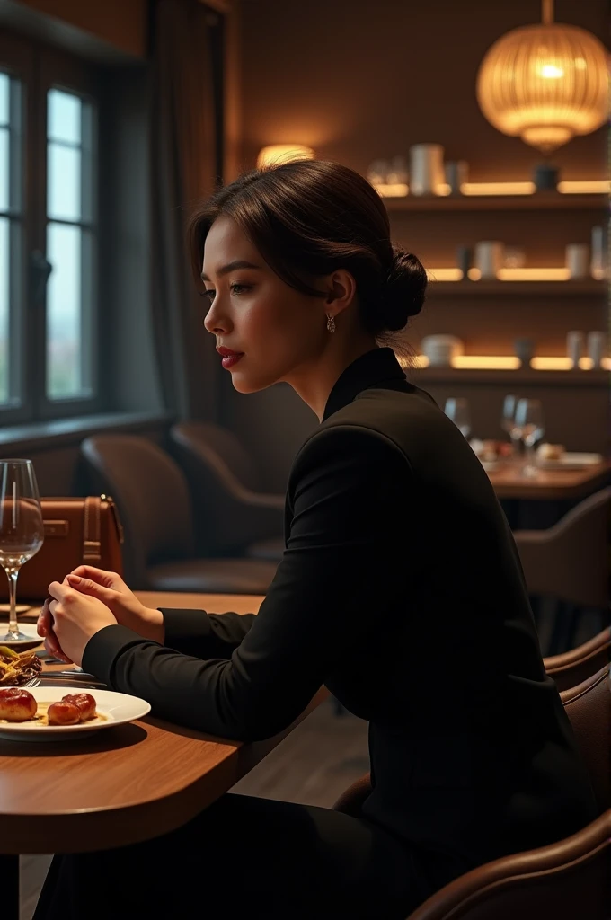 rich girl ceo sitting in restaurant front of table. on table aesthetic luxury food and purse in dark aesthetic luxury Outfit with dark aesthetic restaurant.showing her back.