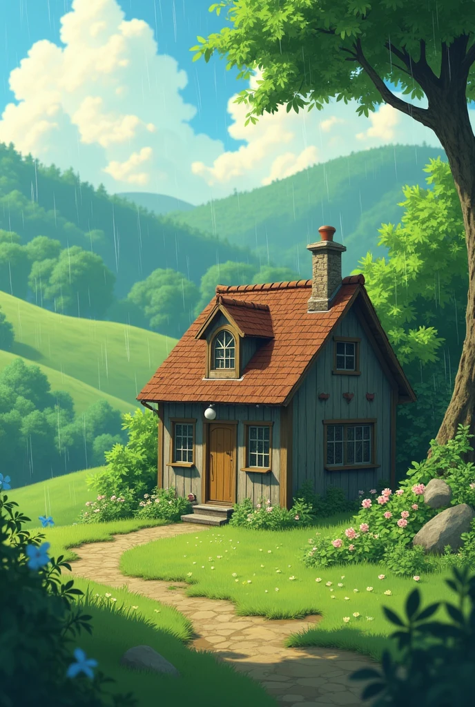 A peaceful view of a pretty little house in the middle of greenery and beauty in rain,ghibli anime style,heavenly sight