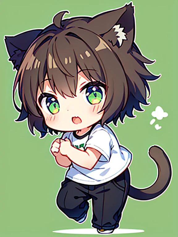 1boy, short brown hair, NEKOMIMI, cat tail, white T shirt, gray jacket, black pants, chibi, put hands on body, full body, green background, close mouth,