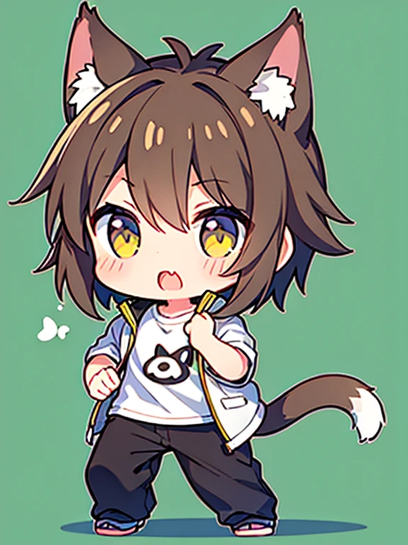 1boy, short brown hair, NEKOMIMI, cat tail, white T shirt, gray jacket, black pants, chibi, put hands on body, full body, green background, close mouth,