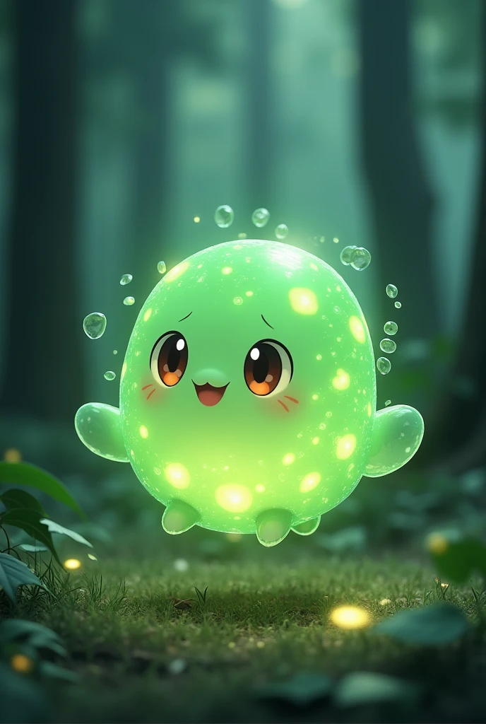 (Soul eater soul), round, no legs, soul eater art style, made of soul, green aura, adorable, semi realistic, ghibli, princess mononoke, spirit, excited eyes