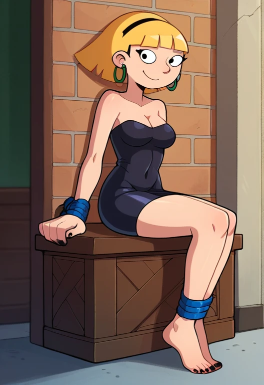 score_9_up,score_8_up,score_7_up,score_6_up,score_5_up,score_4_up BREAK olga pataki,1girl, solo, blonde hair, short hair, black hairband, hoop earrings, strapless, cleavage, a short black dress, black skin tight dress, smile, bangs, human skin, blunt bangs, 5 toes, black toes nails, tied ankles together , tied arms , Focus full body, with no shoes, sit on a chair, looking at viewer, outdoors, movie style
 
