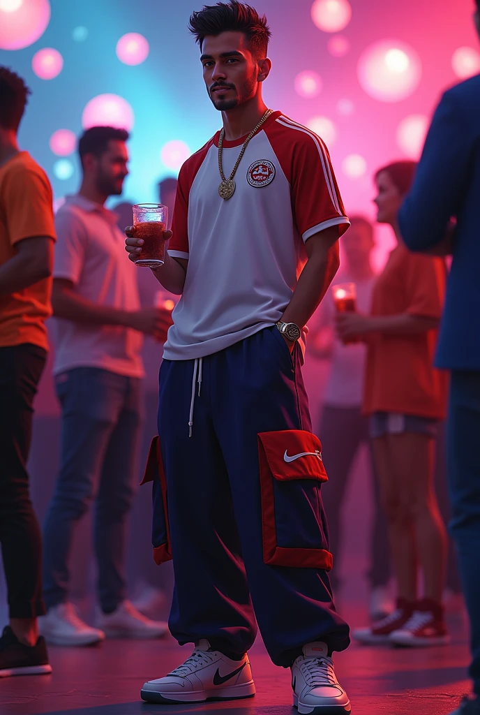 Man 2, arab straight black hair, eyes browns. Modern hip hop style. Young French Arab style clothing. Branded tennis shoes , basketball style wide leg pants, football team shirt . bonitas, is at a party. With a drink in hand and smiling. charming