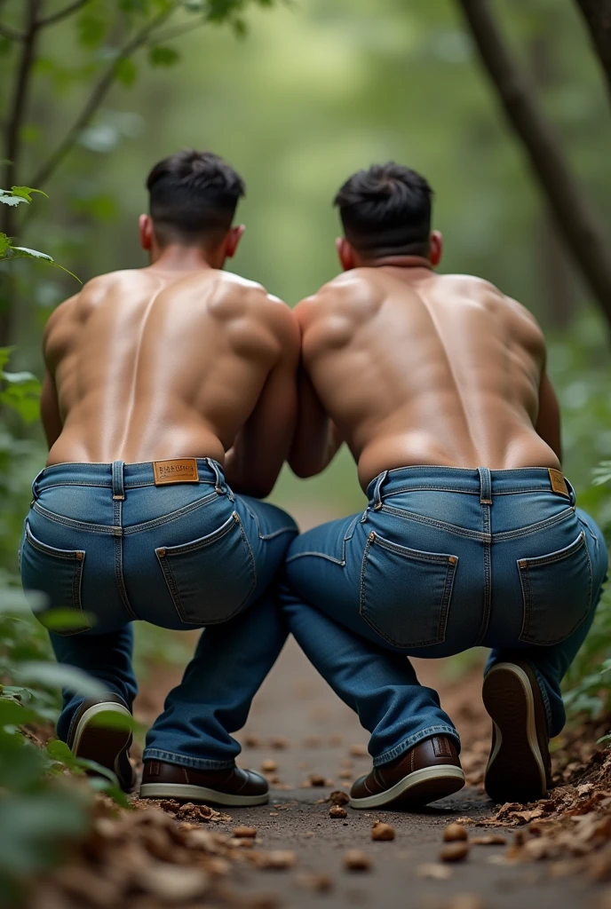 8k image 2 men with jeans, bubble butts, big butts, crouching
