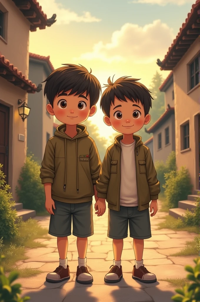 The two boys, now a bit older, standing together with the village in the background, symbolizing their lasting friendship.
A heartwarming conclusion to the story.