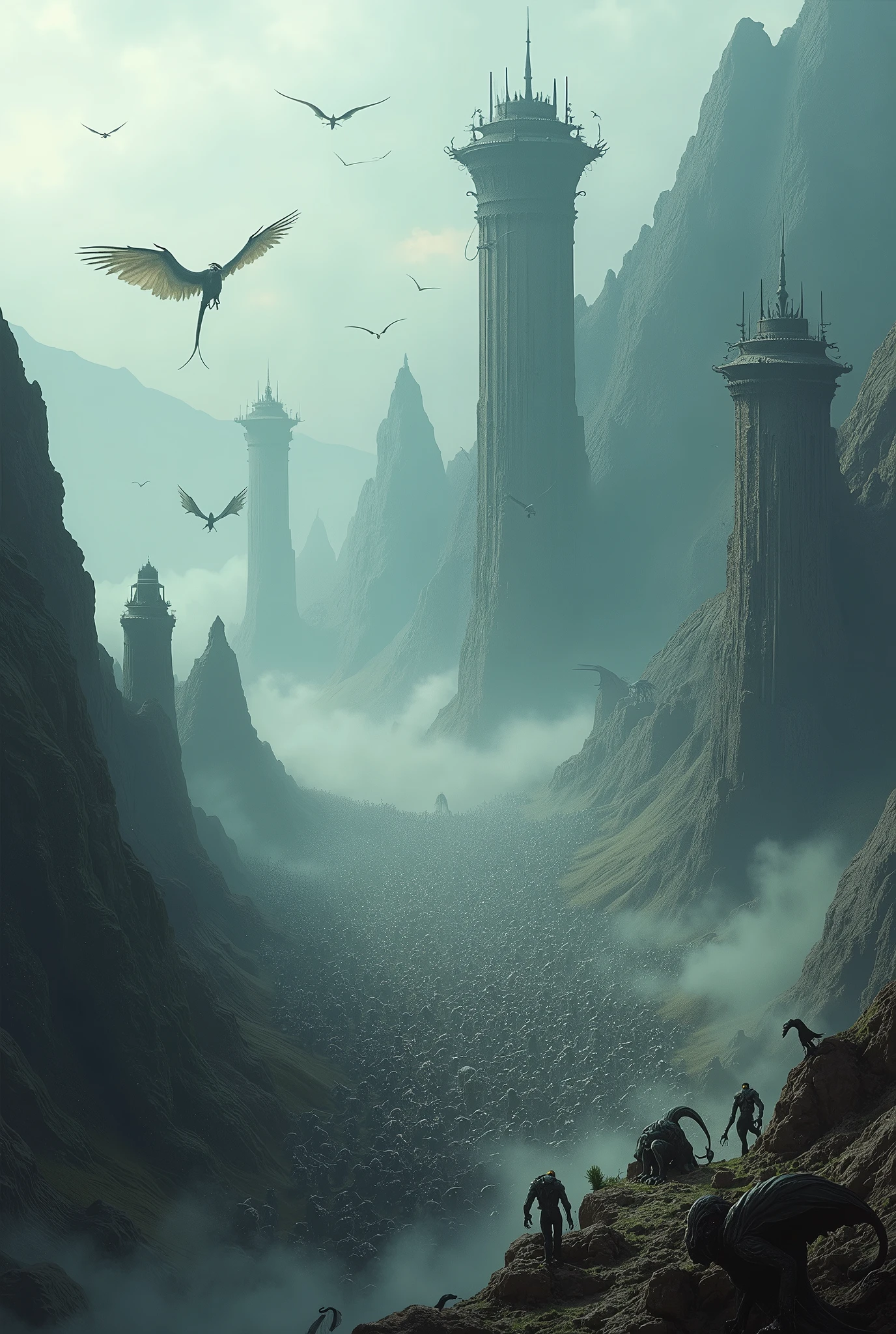 epic mountainous battlefield, thousands of crawling demons, large murmurations of bird demons, tall mountain pillars with magical watchtowers, mist, masterpiece, perfectly detailed, high aerial view, flocks of zombie dragons