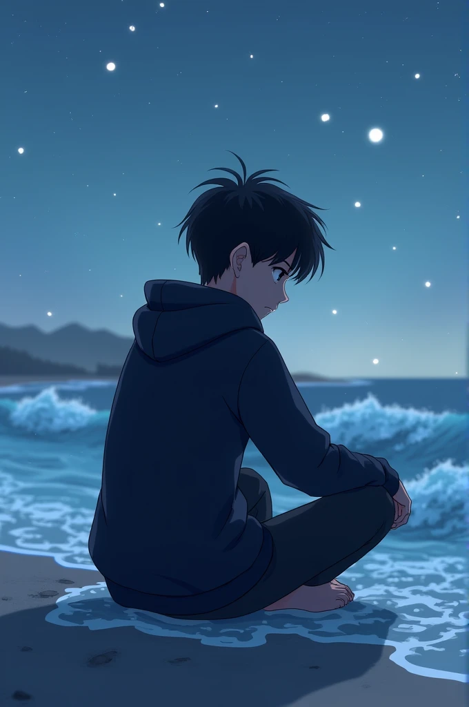 A animated 18 year boy wearing black hoodie sad sitting at the beach and light blue waves and gloving stars