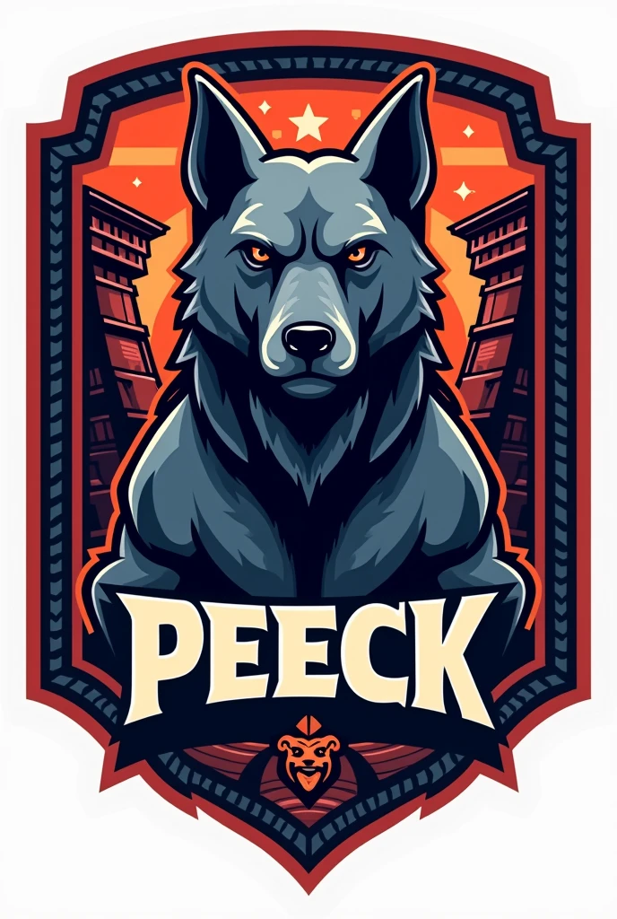 mayan style dog logo, for a sports team named Peeck that has striking colors but the dog looks imposing and everything is surrounded by a border in the shape of a Mayan shield that has the name Peeck with striking words