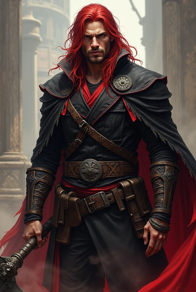 Morgan, the Crimson Red, is a towering figure at 1.92 meters, with striking, long red hair that flows down to his shoulders in wild, untamed locks. His clean-shaven face exudes both rugged strength and a calm, noble demeanor, highlighting his sharp, distinguished features.
He wears a black military lieutenant uniform, which bears the scars of countless battles. His outfit is tattered, with one sleeve of his cape intact and the other ripped, symbolizing his relentless struggles. Bandages and cloth strips are wrapped around his arms and torso, evidence of his constant injuries and the trials he has endured.
Morgan’s appearance is further defined by the Scarlet Blood Curse, a consequence of a failed experiment by scientists who sought to harness the power of a mystical creature. This curse granted him rapid regeneration and a life-draining ability linked to his weapon. His halberd, named Murmurius, absorbed part of this curse, becoming a living extension of the dark power. The weapon's design is both menacing and majestic, with dark, intricate engravings that pulse with an eerie light, reflecting its sinister nature.
Morgan’s presence is a blend of battle-hardened resilience and the dark, cursed essence that defines him. His tattered uniform, bandages, and the ominous Murmurius create a powerful and haunting image, and the dark forces that bind him.
I would like it to be in a mature style, with the art in a fantasy and RPG style set in the Old West.