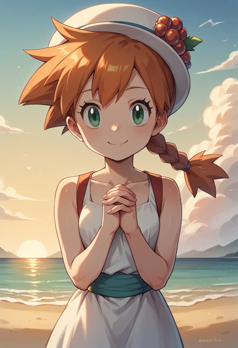 Misty\(pokemon\), sea beach,White vistor hat in hand, 1girl, kid, single, standing, cowboy shot,Face away from the camera, looking back at you,berry short orange hair,Green eyes, smile, V arm, Own hands together, 2 braids,white shift dresses,best quality, masterpiece, Turn your back to your hand,sunset, the setting sun