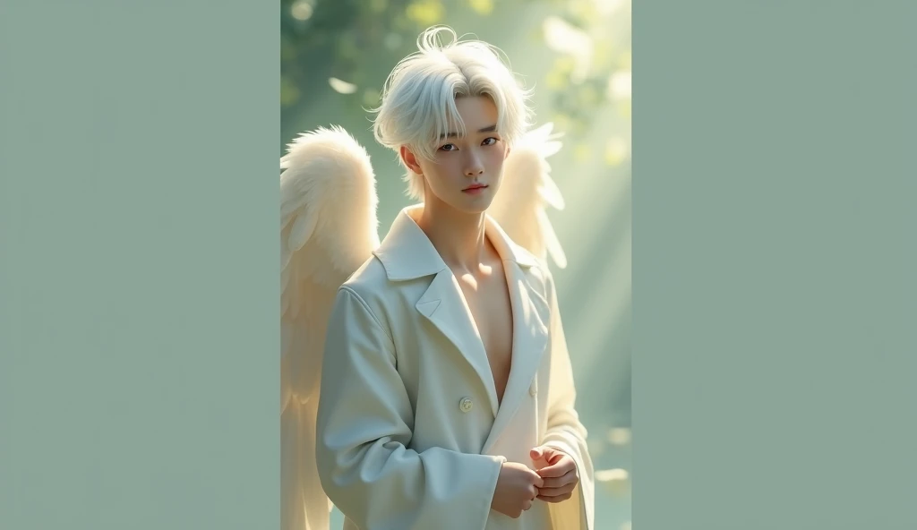 Japanese　boy　Angel　god々Shii　Handsome　優Shii　It&#39;s like I&#39;m talking to you　front, A gentle, white and gold-winged male pale white skinned, white hair, blue eyes, Asian features, Athletic body, mid 30s angel (simple design) - Soft colors, with a subtle glow - Ethereal background, with a subtle texture I want it as a man, walking through the garden of Eden, 32K UHD, best quality, masterpiece, Style Raw, hyperrealistic.