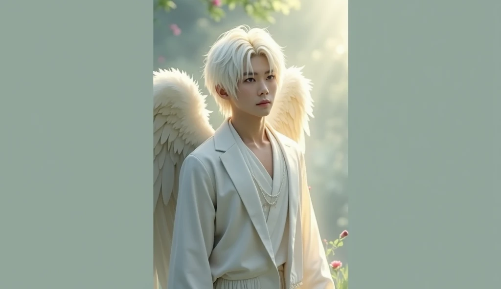 Japanese boy Angel god々Shii Handsome 優Shii It's like I'm talking to you front, A gentle, white and gold-winged male pale white skinned, white hair, blue eyes, Asian features, Athletic body, mid 30s angel (simple design) - Soft colors, with a subtle glow - Ethereal background, with a subtle texture I want it as a man, walking through the garden of Eden, 32K UHD, best quality, masterpiece, Style Raw, hyperrealistic.