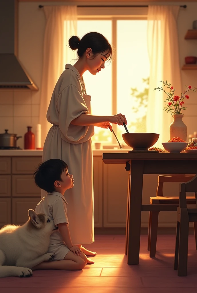 Healing scene of cooking delicious dinner in the kitchen,The puppy lies on the ground and waits silently, The is waiting for his mother's hot soup and a table full of sushi.