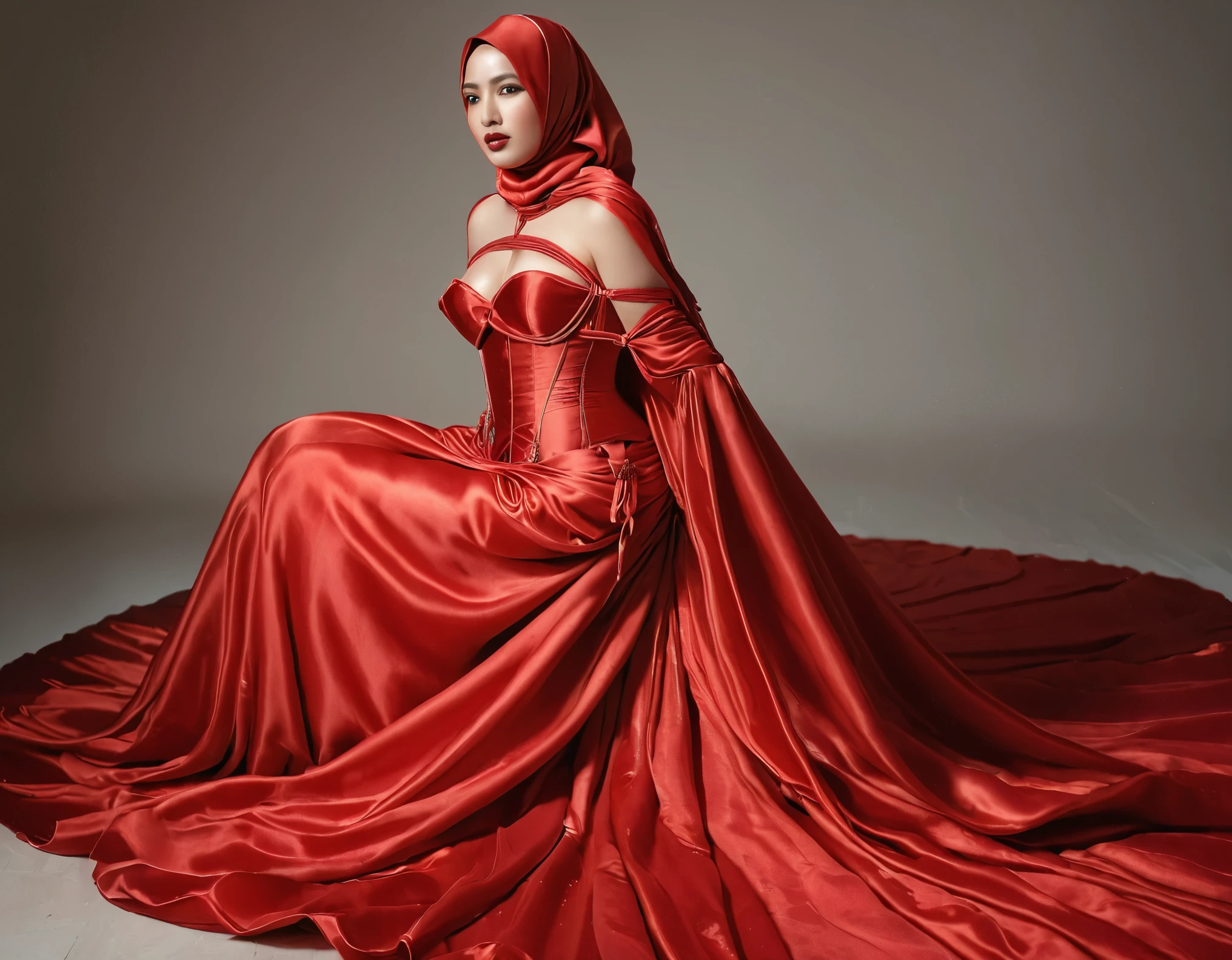 A woman shrouded in a 10-meter-long, plush red satin cloth, wear corset with exposed breasts, tightly bound and grandly draping along the form of her body, flowing off into a pooled floor-length train, styled in a mermaid-inspired outfit, her head modestly veiled in a satin hijab, tall woman, in photo studio, a full-body pose conveying a sense of elegance, captured in a 4k resolution, ultra-realistic