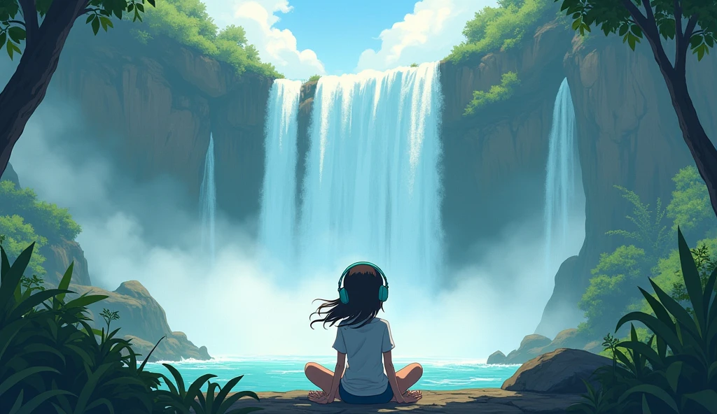A girl sitting in front of huge waterfall, enyoying music uaing headset. Lofi, vibrant ambiences, 2d anime