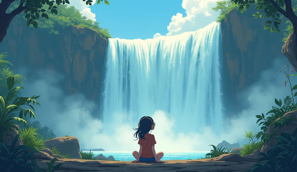 A girl sitting in front of huge waterfall, enyoying music uaing headset. Lofi, vibrant ambiences, 2d anime