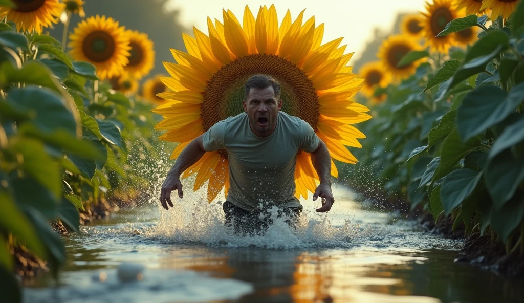 professional realism photos, the man landed in the water, chased by a sunflower plant, evil sunflower plant, man running terrified, dynamic movement, man running forward, very shaky hands, 34K, beautiful and saturated colors, contrasting colors