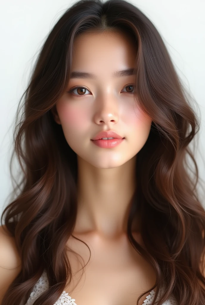 Feminine face with soft wavy dark brown hair。Long hair、In the flowing soft waves、Give a friendly and approachable impression。Background is white。