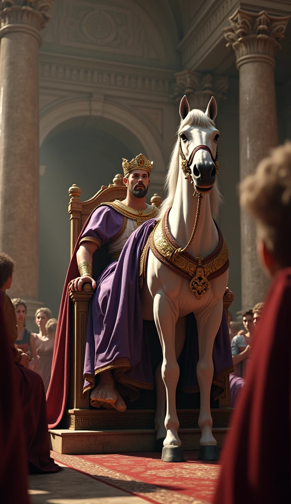 Close-up shot, Low angle shot, (A dramatic scene inside the Senate chamber, with Caligula, “dressed in a richly adorned purple toga with a golden laurel crown wearing a smirk of disdain, seated on a high throne overlooking the room. Incitatus “a majestic white stallion”, stands beside him, draped in its senatorial regalia. The senators, with their anxious expressions, are frozen in disbelief as they realize the mockery being made of them. The chamber’s grandeur—high vaulted ceilings, intricate mosaics, and statues of Roman gods—contrasts sharply with the absurdity of a horse in their midst.) unreal engine, cinematic, hyper-real, highly detailed, Ultra realistic HD --q 2 --v 6.1 --ar 9:16