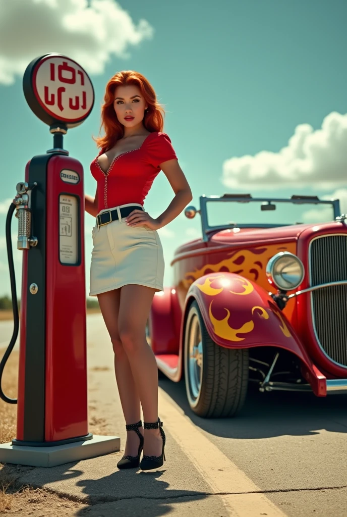 Wide-angle shot of a sizzling 1950s scene: a ravishing redheaded pin-up girl stands provocatively by a vintage gas pump at a full-service station on America's iconic Route 66. Her luscious locks are styled in a nostalgic '50s pin-up art flair, accentuating her hourglass figure and curvaceous silhouette. She sports a fitted white skirt, a bold red blouse with tantalizing cleavage, and black pantyhose with a garter belt and ankle-strap heels. The stunning roadster, a 1932 Ford hot rod, gleams in the sunlight, its orange and yellow flames burning bright against the backdrop of Route 66's open highway. retina, accurate, masterpiece, super detail, high details, best quality, award winning, highres, HD, 4K, 8k, 16k, realistic