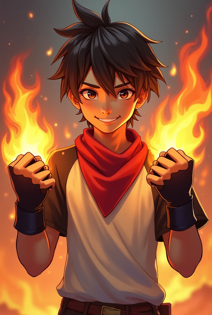 young brown smiling with straight brown hair black eyes wearing a white t-shirt with black sleeves and a red bandana around his neck with black and brown gloves on his hands with fire powers coming out of his fists