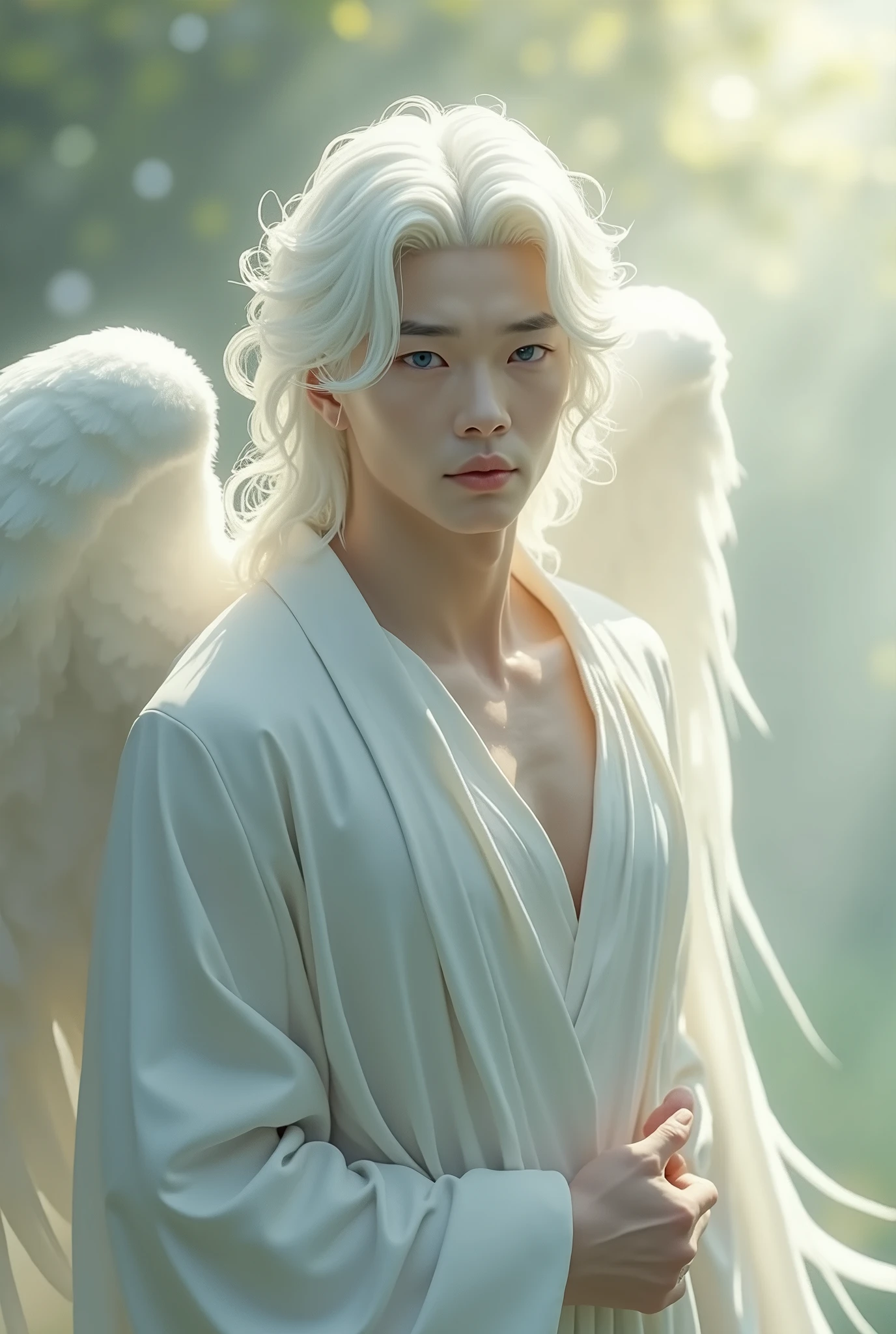 Japanese boy Angel god々Shii Handsome 優Shii It's like I'm talking to you front, A gentle, white and gold-winged male pale white skinned, white hair, blue eyes, Asian Korean features, Athletic body, mid 30s angel (simple design) - Soft colors, with a subtle glow - Ethereal background, with a subtle texture I want it as a man, walking through the garden of Eden, 32K UHD, best quality, masterpiece, Style Raw, hyperrealistic.