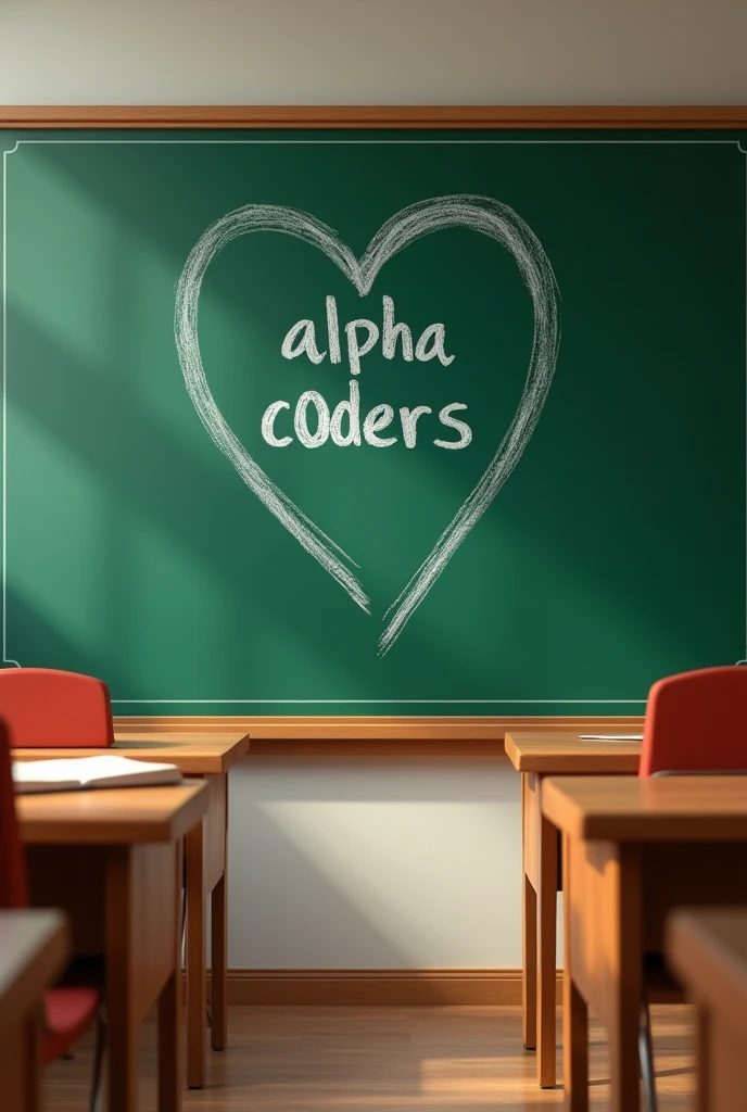 a green chalkboard in a classroom with the text "alpha C0ders" written in chalk and enclosed within a heart, detailed classroom, realistic, photorealistic, best quality, 8k, ultra-detailed, physically-based rendering, professional, vivid colors, studio lighting, intricate details