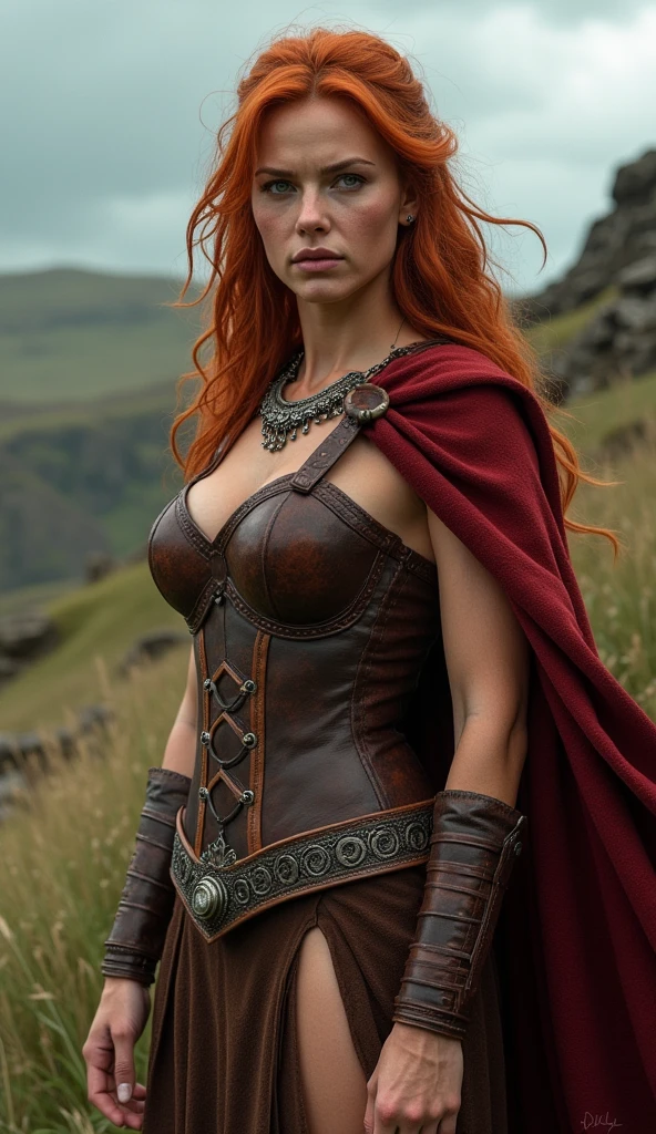 Create an ultra-realistic full-body portrait of Boudica, the legendary queen of the Iceni tribe. Boudica is depicted with a striking, powerful physique, emphasizing her athletic and warrior-like build. She has a small waist and strong, defined arms, symbolizing her physical strength and leadership. Her skin is fair, with a subtle, natural glow that reflects her vitality. Her hair is a wild, fiery red, cascading down her back in loose waves, adding to her fierce and untamed appearance. Her eyes are a piercing shade of green, filled with intensity and determination, reflecting her resolve to defend her people. Her lips are full and slightly parted, showing a mix of defiance and command. Boudica is dressed in very sexy Celtic warrior attire, including a form-fitting, leather corset that accentuates her small waist and her very big breasts, and a long, flowing cloak adorned with intricate patterns and tribal symbols. She wears a metal torque around her neck, a symbol of her nobility and status as a leader. The background is a rugged, windswept landscape of ancient Britain, with stormy skies adding to the dramatic atmosphere. The overall scene captures Boudica's strength, beauty, and indomitable spirit as the fierce queen who dared to challenge the Roman Empire