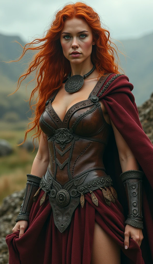 Create an ultra-realistic full-body portrait of Boudica, the legendary queen of the Iceni tribe. Boudica is depicted with a striking, powerful physique, emphasizing her athletic and warrior-like build. She has a small waist and strong, defined arms, symbolizing her physical strength and leadership. Her skin is fair, with a subtle, natural glow that reflects her vitality. Her hair is a wild, fiery red, cascading down her back in loose waves, adding to her fierce and untamed appearance. Her eyes are a piercing shade of green, filled with intensity and determination, reflecting her resolve to defend her people. Her lips are full and slightly parted, showing a mix of defiance and command. Boudica is dressed in very sexy Celtic warrior attire, including a form-fitting, leather corset that accentuates her small waist and her very big breasts, and a long, flowing cloak adorned with intricate patterns and tribal symbols. She wears a metal torque around her neck, a symbol of her nobility and status as a leader. The background is a rugged, windswept landscape of ancient Britain, with stormy skies adding to the dramatic atmosphere. The overall scene captures Boudica's strength, beauty, and indomitable spirit as the fierce queen who dared to challenge the Roman Empire
