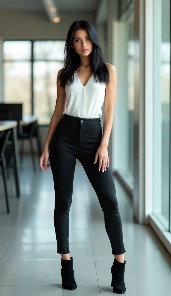 brunette young woman using a white sleeveless top. black tight pants. black suede heeled booties. Instagram style photo, detailed face, UHD, front view. full body shot. bright. sexy. medium height. thick legs. High quality. High LOD. black straight hair. office. realistic.