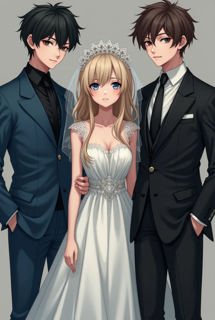 A girl with light hair and blue eyes dressed as a bride but her face looks somewhat sad, On one side is a boy with brown hair and dark eyes, on the other side is a boy with black hair and gray eyes.,RealDosMix the boys looking forward and adults who look sexy, the boy on the left dressed in blue and the other in black, the boys with bigger bodies and more handsome with an unforgettable look, the one in black taller than the other