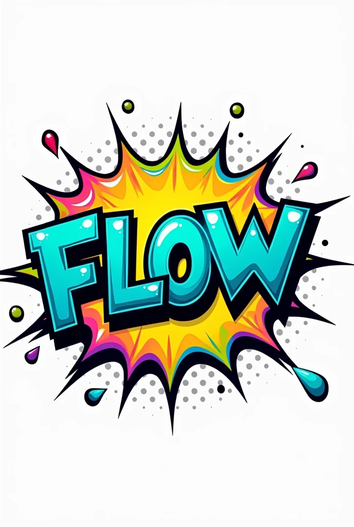 Make me a logo with the word Flow in turquoise, in pop art style , violet, green and black, with a comics boom style background, Transparent background