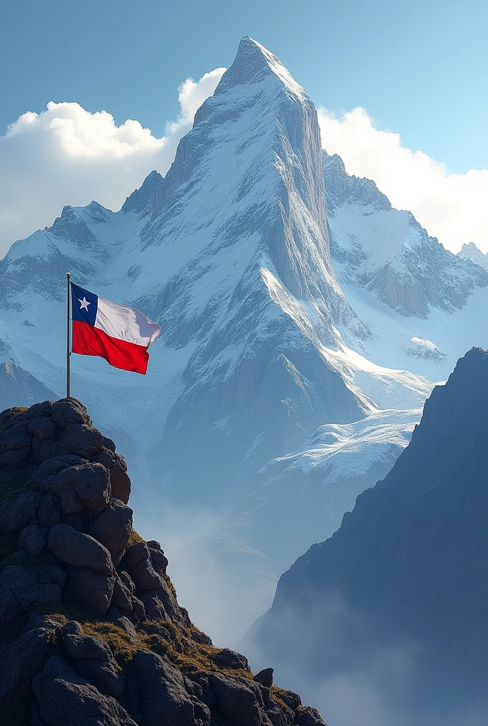 Take a photo of the Andes mountain range with the Chilean flag on the left side