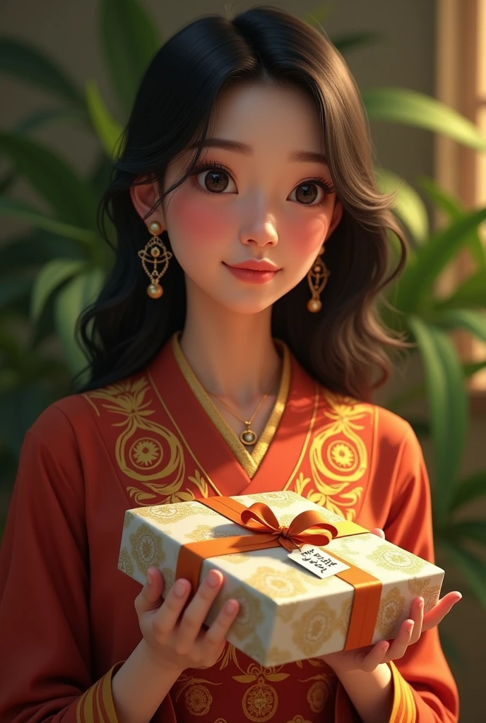Indonesian woman with a gift in her hands that says: For Roberto Adair.