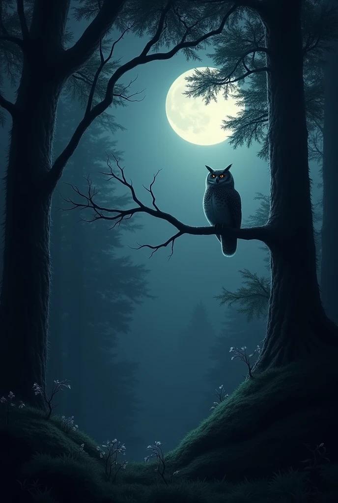 night forest with moon and an owl 