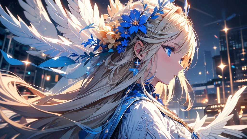 4K quality:1.2, Super beautiful illustration:1.2, seraphim,((white wings on back)), blond, long hair styles, ((Beautiful cobalt blue eyes:1.2)), sky
