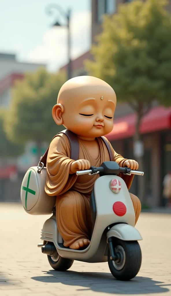 An Anthropomorphic woody Buddha statue riding an electric kick scooter. He is hanging a white shoulder bag with green cross mark from his shoulder. The electric scooter has a red cross mark In front place. Cute cartoon. 3D rendering