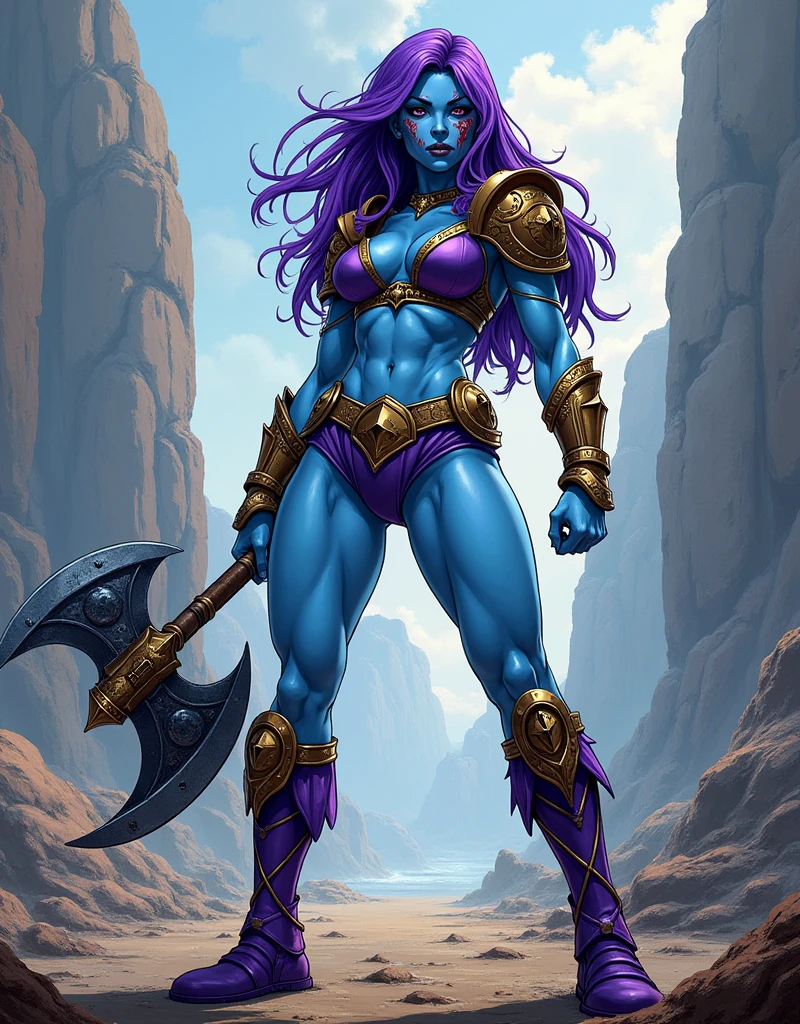 a female warrior with blue skin and purple hair. wearing purple bikini armor with an armored collar and shoulder pads, embellished with gold trim. She has narrow lavender colored eyes. Her figure is strong and curvy, with wide hips and large breasts. Show her standing on a battle field, blood spattered on her face, serious expression, feet wide spread, solid fighting stance, holding an axe. use a dramatic comic book style richly detailed inspired by masters of the universe