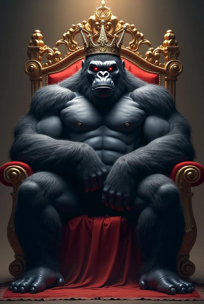 Create a muscled gorilla sitting proudly on a throne layed back wearing a crown and has dread with a dark closed mouth huge smile and deep dark stare with his deep glowing Red eyes